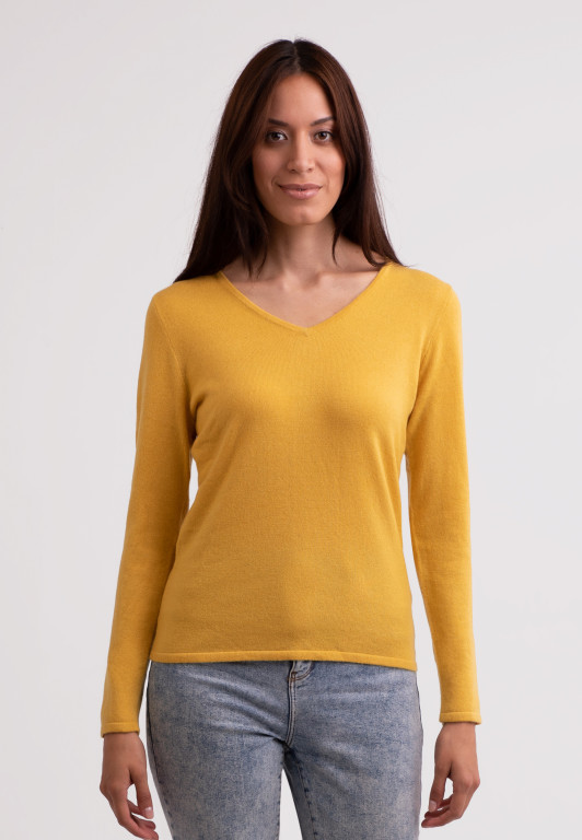 Recycelter Kaschmir V-Ausschnitt Pullover safran gelb