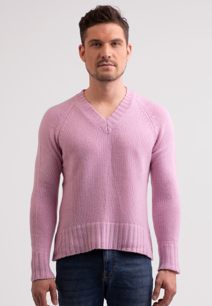 Grobgestrickter Recycelter Kaschmir V-Ausschnitt Pullover rosa