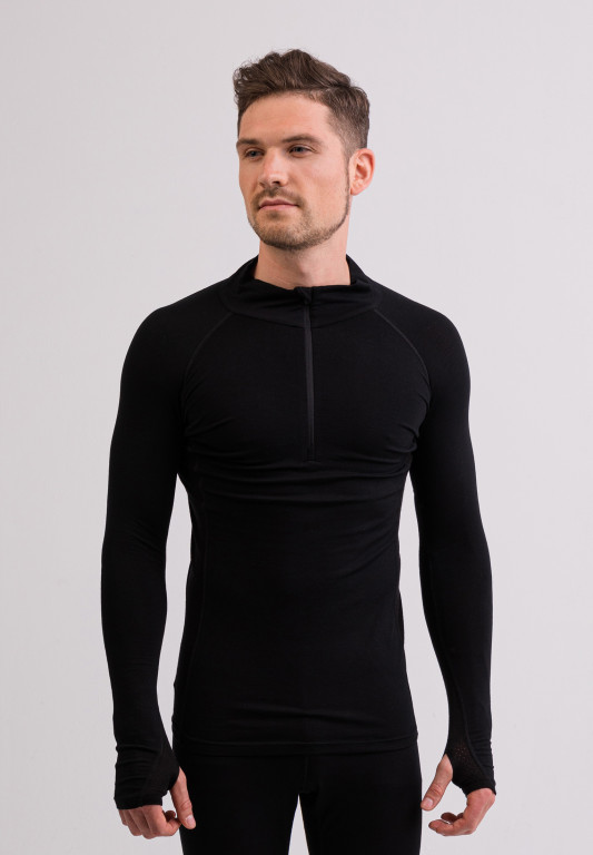 High Performance Kaschmir Sportwäsche Langarm-Shirt mit Stehkragen und Half-Zip schwarz